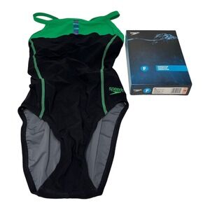 Speedo competitive Swimsuit Women Size 28 Green BLACK‎ bolt spice FL NEW IN BOX